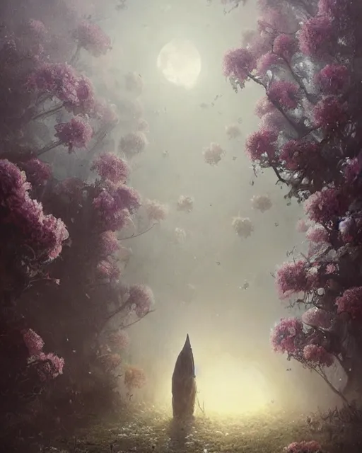 Prompt: Hyper realistic oil painting of a knight covered in flowers, fog, volumetric lighting, nighttime, moonlight, creepy, by greg rutkowski