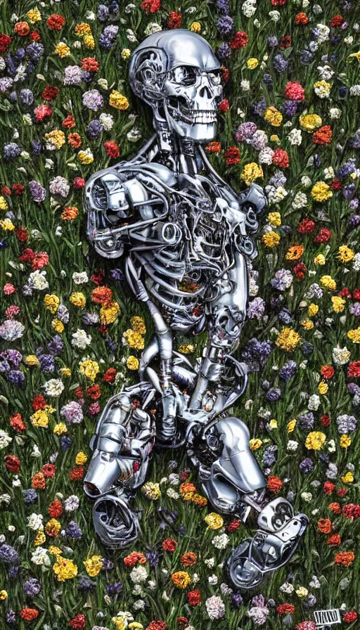 Image similar to destroyed terminator lying in a field of flowers, twisted metal, chrome, reflections, anthropomorphic, photorealism, smoke, metal, 8 k, surreal, wires, smooth, sharp focus, top view, extremely detailed, hyperrealism, elegant, establishing shot, by jeff koons, artgerm and greg rutkowski