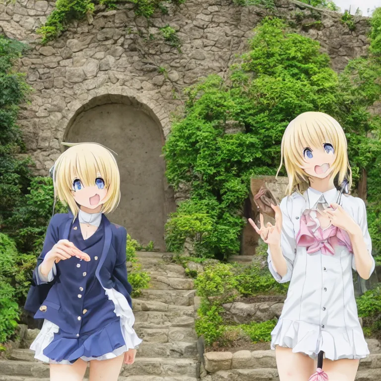 Image similar to close up portrait of a very cute blonde anime girl idol walking at the garden, mouth open, cheeky, in the style of anime, near a stone gate