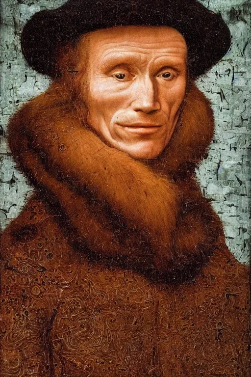 Image similar to portrait of ed harris, oil painting by jan van eyck, northern renaissance art, oil on canvas, wet - on - wet technique, realistic, expressive emotions, intricate textures, illusionistic detail