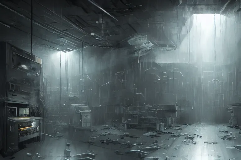 Image similar to parallax volumetric coherent gloomy colossal ruined server room in datacenter by eddie mendoza blender robot figure automata headless drone robot knight welder posing pacing fixing soldering mono sharp focus, emitting diodes, smoke, artillery, sparks, racks, system unit, motherboard, artstation cgsociety artofmtg hyperrealism cinematic dramatic painting concept art of detailed character design