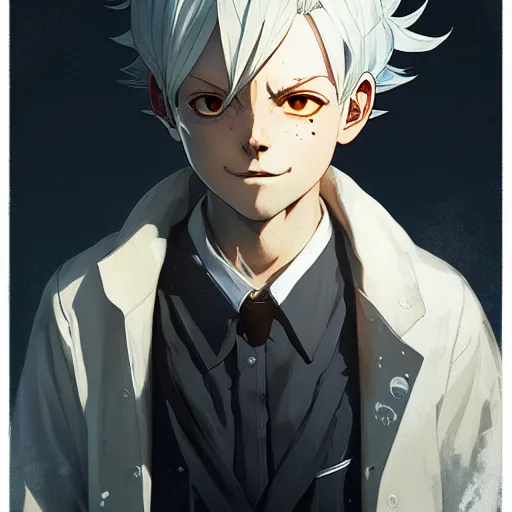 Image similar to Portrait of Norman from the promised neverland, white hair ,highly detailed, digital painting, artstation, concept art, sharp focus, illustration, art by greg rutkowski and alphonse mucha