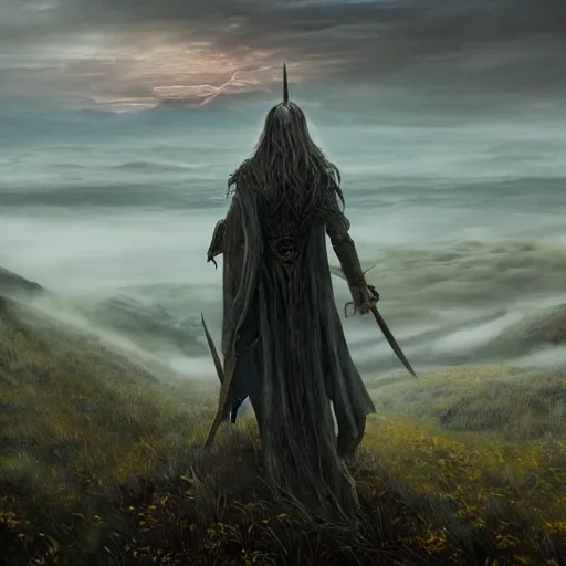 Image similar to The losers who have long been spurned by golden grace and expelled from the middle place will be guided by grace. You who are still alive, those who have long lost grace, stand in front of the Elden Ring along the road above the sea of fog, leading to the Middle Land