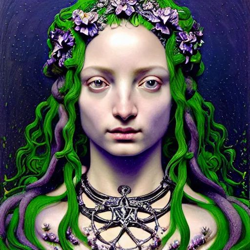 Prompt: baroque neoclassicist closeup renaissance portrait of a beautiful moon goddess with stars in her hair, reflective detailed textures, glittering silver ornaments, dark fantasy science fiction painting by diego rivera and jean delville and ruan jia and nicholas roerich and annie swynnerton, dramatic lighting, gleaming silver, blue and green color palette, floral tattoos, artstation, octane render