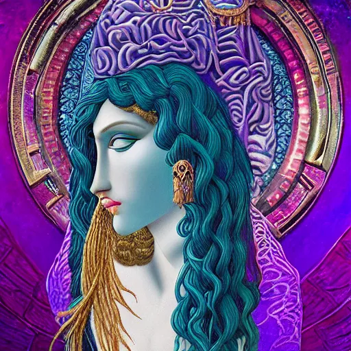 Image similar to sumerian goddess inanna ishtar, ashteroth, techno mystic goddess princess intergalactica, with aqua neon rapunzel dreadlocks, detailed, wearing seashell attire, crystal pathway to atlantis floating on the sea, by sandro botticelli