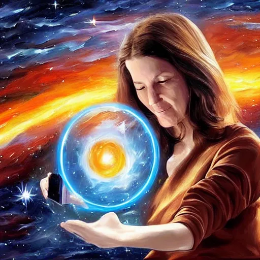 Image similar to A photograph. A rip in spacetime. Did this device in her hand open a portal to another dimension or reality?! by Peter Elson, by Leonid Afremov CGI