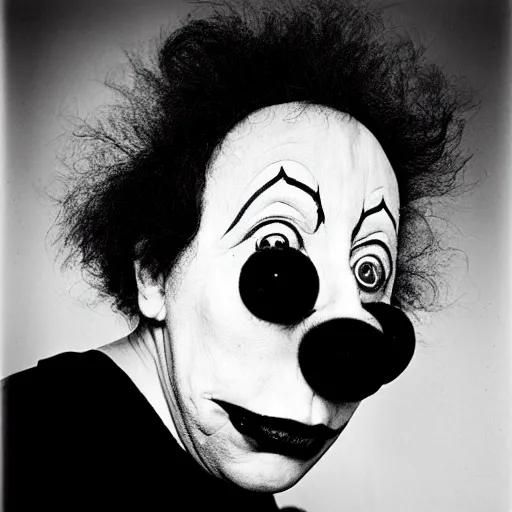 Image similar to portrait of clown by diane arbus, black and white photography