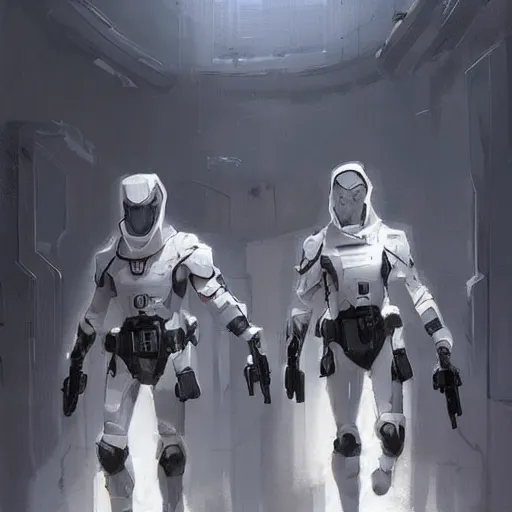 Image similar to concept art by greg rutkowski, soldiers wearing futuristic white and black tactical gear, shooting in a combat, brutalist futuristic interior, dim lighting, detailed portraits, stressfull atmosphere, scifi, digital painting, artstation, concept art, smooth, sharp foccus ilustration, artstation hq