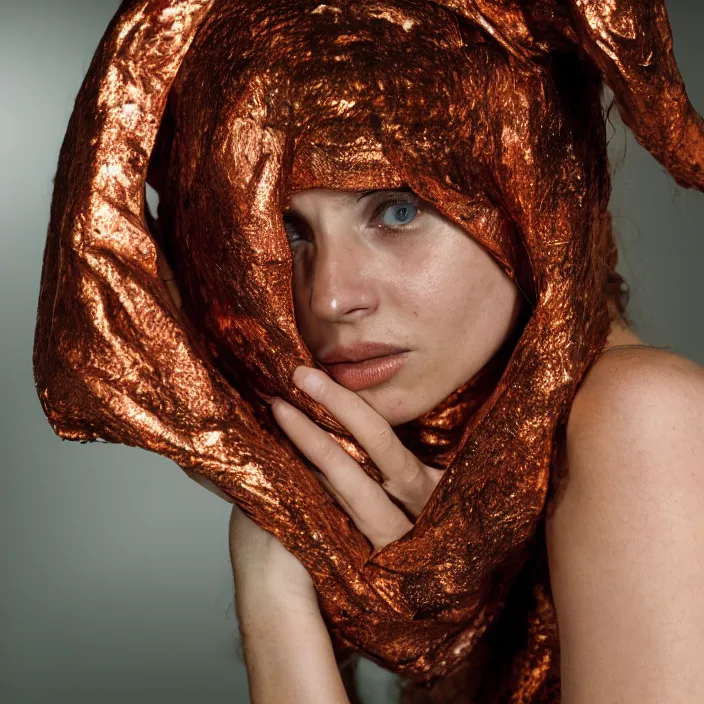 Image similar to closeup portrait of a woman wrapped in copper fiber, in waitomo caves new zealand, color photograph, by vincent desiderio, canon eos c 3 0 0, ƒ 1. 8, 3 5 mm, 8 k, medium - format print