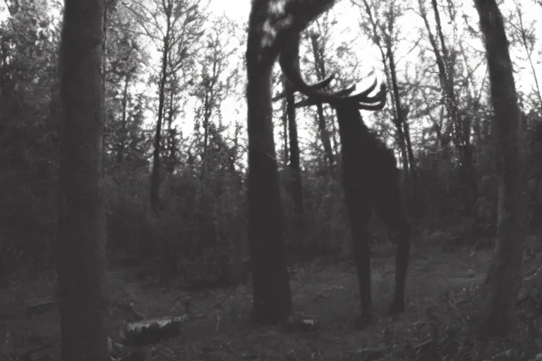 Image similar to low quality trailcam footage of a wendigo in a backyard, at night