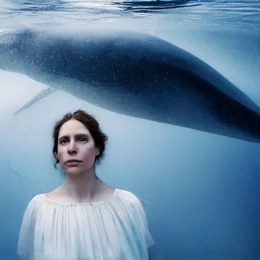 Image similar to portrait photo by national geographic and mort kunstler and annie leibovitz and monia merlo, a stunning blue whale completely covered in a long billowing flowing white sheet swimming through the ocean, backlit, 4 d, 4 k, volumetric lighting, photorealistic, light ray, hyperdetailed