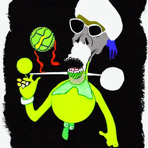 Image similar to snoop dogg tennis ball monster ,tennis ball, digital art,smoking, weed, smoke, fantasy,chalk, magic, trending on artstation, ultra detailed, professional illustration by Basil Gogos