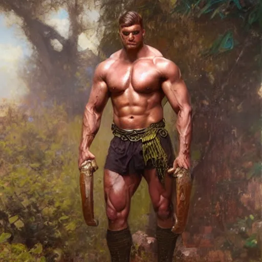 Image similar to handsome portrait of a spartan guy bodybuilder posing, translucence, radiant light, lush surroundings, by gaston bussiere, bayard wu, greg rutkowski, giger, maxim verehin