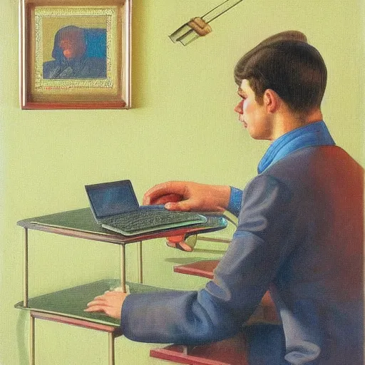 Image similar to detailed intricate soviet realism painting of webdesigner with laptop, heroic, beautiful