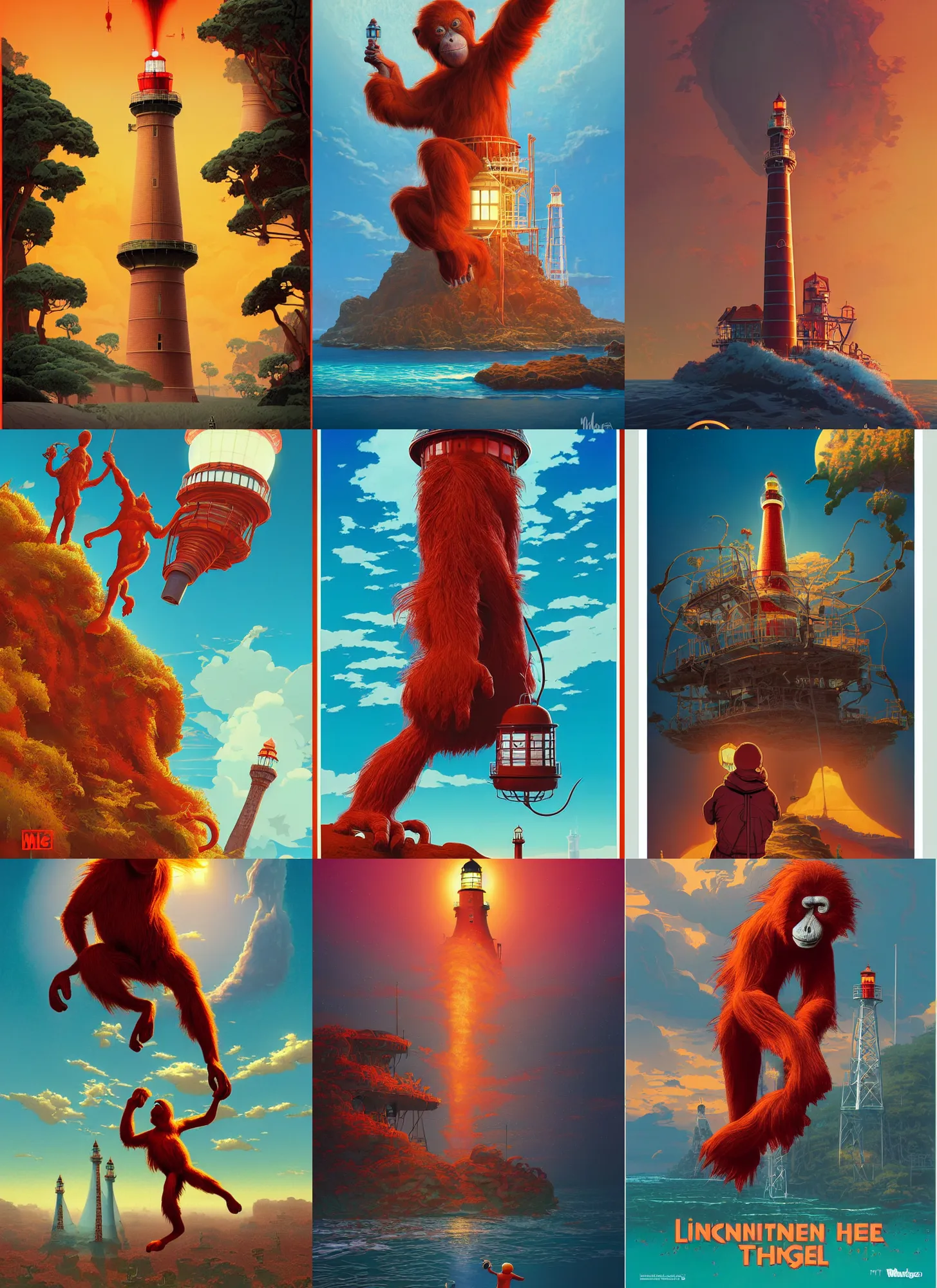 Prompt: travel poster artwork by michael whelan and tomer hanuka, rendering of red orangutan shaking lighthouse toy, high contrast, full of details, by makoto shinkai and thomas kinkade, matte painting, trending on artstation and unreal engine