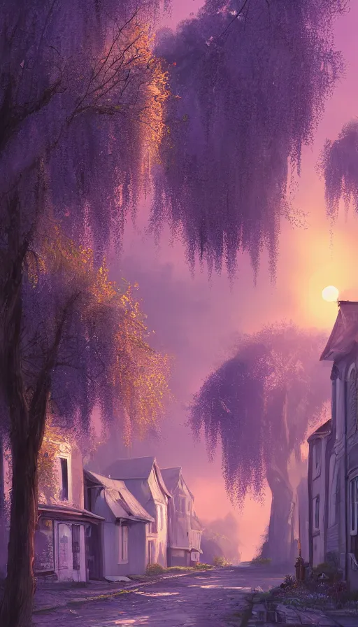 Prompt: landscape of a beautiful street full of wysteria, purple lighting, sunset, dusk. old houses by the road. hyper detailed, artstation cgsociety, 8 k