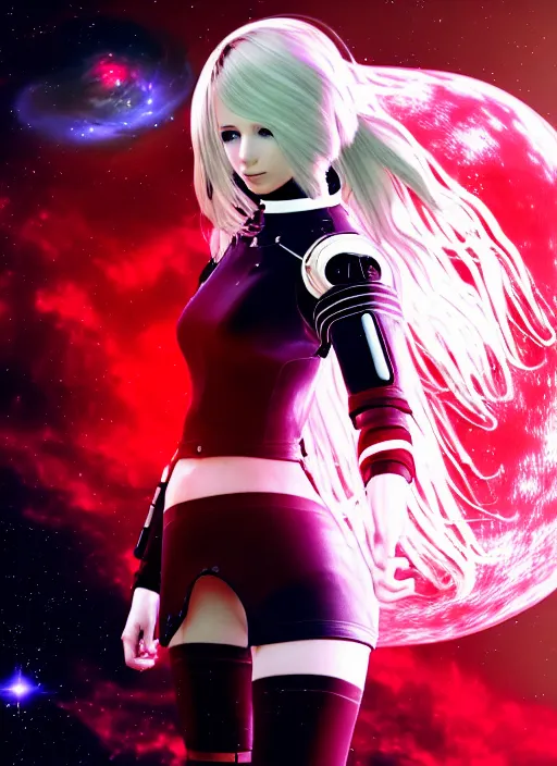 Prompt: Highly detailed realistic photograph of a hopeful pretty astronaut lady with a wavy blonde hair, 4k resolution, nier:automata inspired, bravely default inspired, vibrant but dreary but upflifting red, black and white color scheme!!! ((Space nebula background))