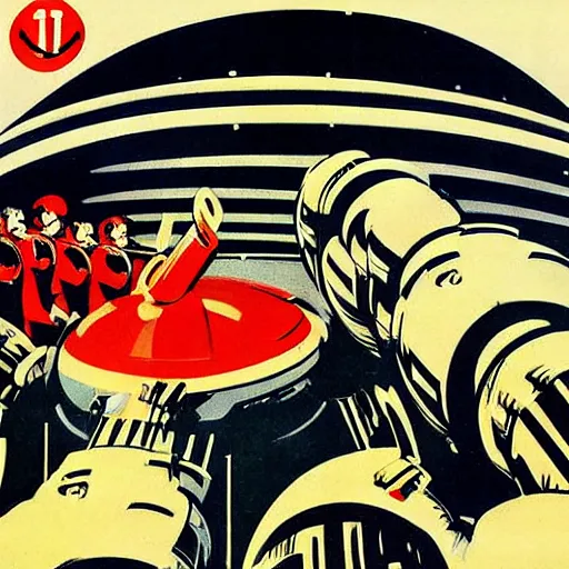 Prompt: soviet propaganda poster , robots revolting, 1960 style, space, future