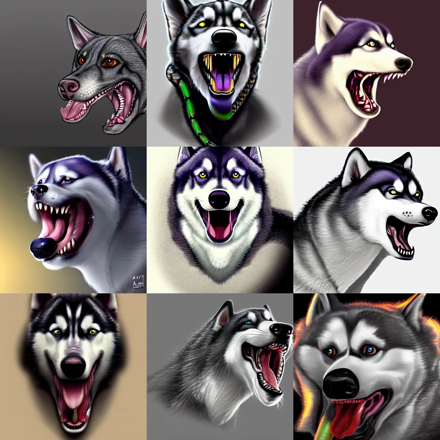 Prompt: a husky with a long lizard tongue, snake eyes, digital art, concept art, trending on artstation, very detailed, slimey, 8 k hd