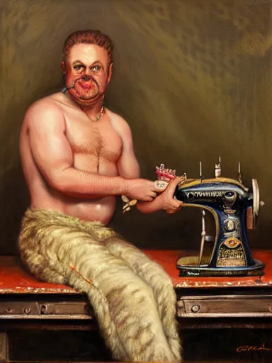 Image similar to a portrait of a man depicted as a brindle pug dogman canine, rupaul ’ s drag race, sitting in front of a sewing machine, explosions. highly detailed painting by gaston bussiere, craig mullins, j. c. leyendecker, furry