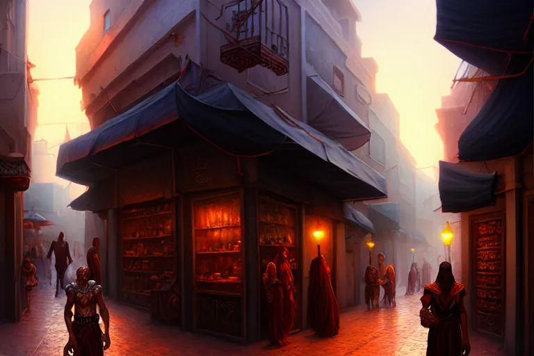 Image similar to a bazaar street in the city of tyr from athas, amazing dark sun digital painting, by gerald brom, brom digital art, intricate details, ultra realistic, beautiful art, volumetric lighting, warm colors advance cool colors recede, by brom, trending cgsociety, artstation, rim lighting, 8 k