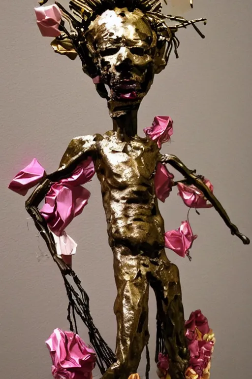 Image similar to papercraft scene made entirely of pipecleaners and crumpled foil of Jean-Michel Basquiat as a full-body bronze baroque statue of Icarus in the posing like a bird for flight, crown of peach roses, flowing pink-colored silk, fabric, flowers. baroque elements, human skull. full-length view. baroque element. intricate artwork by caravaggio. many many birds birds on background. Trending on artstation, octane render, cinematic lighting from the right, hyper realism, octane render, 8k, depth of field, 3D