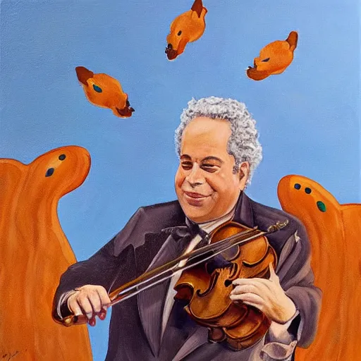 Prompt: An oil painting of Itzhak Perlman performing with a symphony of squirrels.