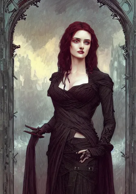 Image similar to sansa eva green gothic, intricate, elegant, highly detailed, digital painting, artstation, concept art, smooth, sharp focus, illustration, art by artgerm and greg rutkowski and alphonse mucha and william - adolphe bouguereau