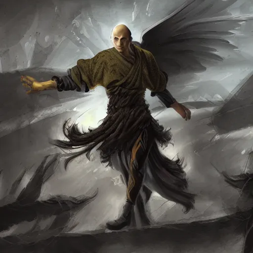 Image similar to winged monk, chaos, unarmed combat, art station, fantasy art, concept painting