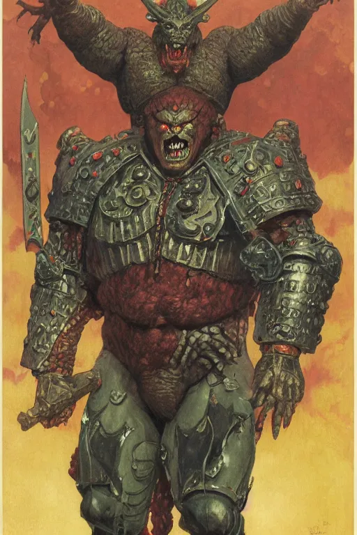 Prompt: full body portrait of mark henry as huge demonic armoured radioactive demon king, simple background, painted by jack kirby, lawrence alma tadema, norman rockwell, greg staples, wayne barlow, jacob collins, tom lovell, frank schoonover, neville page