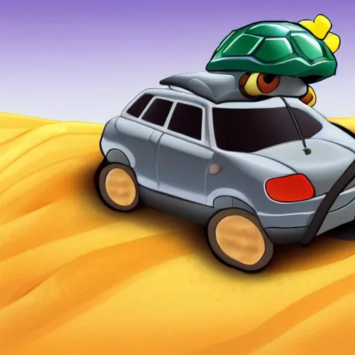 Image similar to turtle driving a car in the desert, highly detailed, realistic