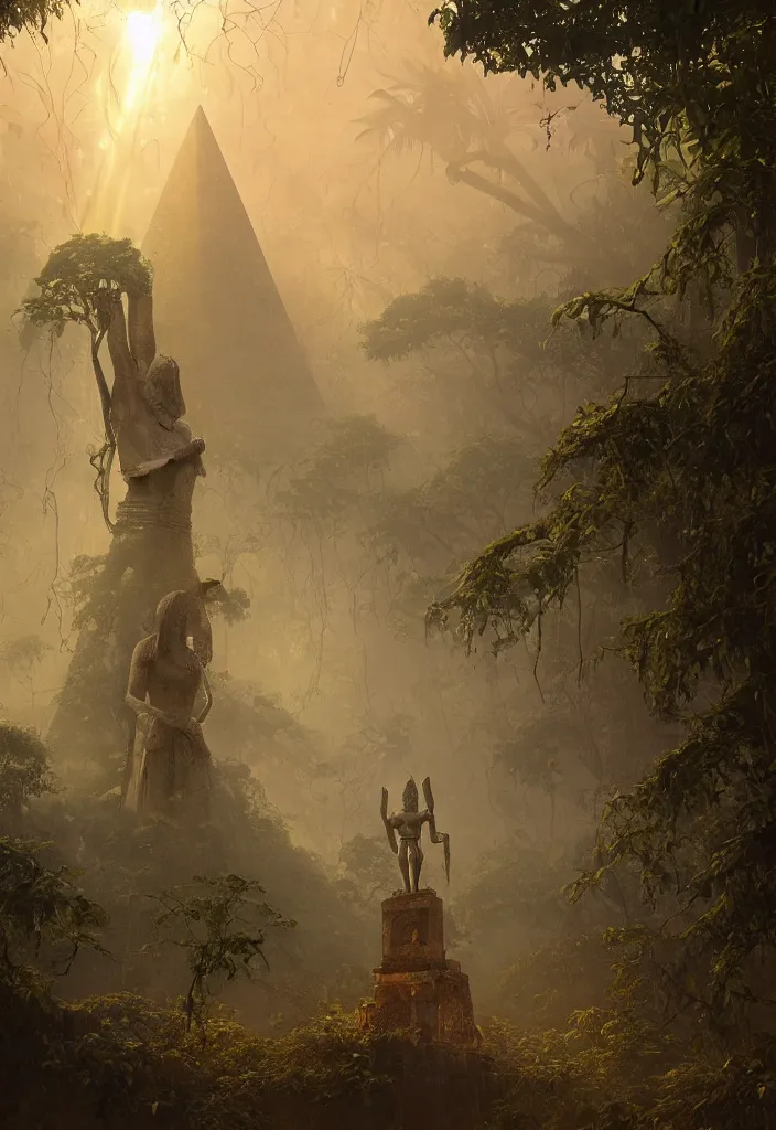 Prompt: an giant ancient golden statue of egyptian god of the sun in a strange mystical jungle surrounded by mist, accurate to egyptian tradition, aged and overgrowth of vines, symmetrical statue, small human in foreground, light rays breaking through tree canopy, dynamic lighting, emotional, hyper detailed, art by christophe vacher
