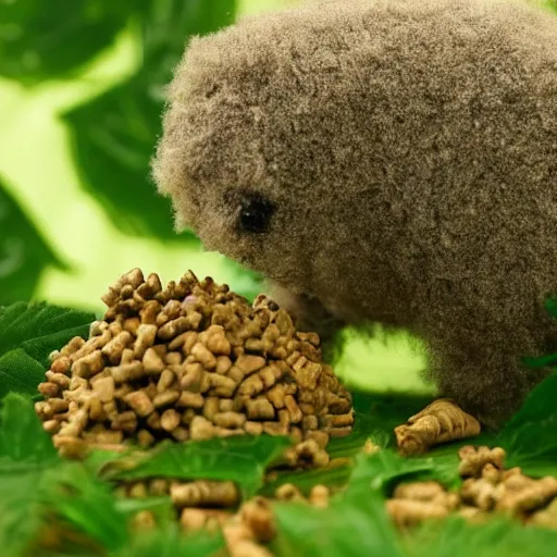 Image similar to big fluffy tardigrade in a cage, eating leaves and pellets, cute, wholesome