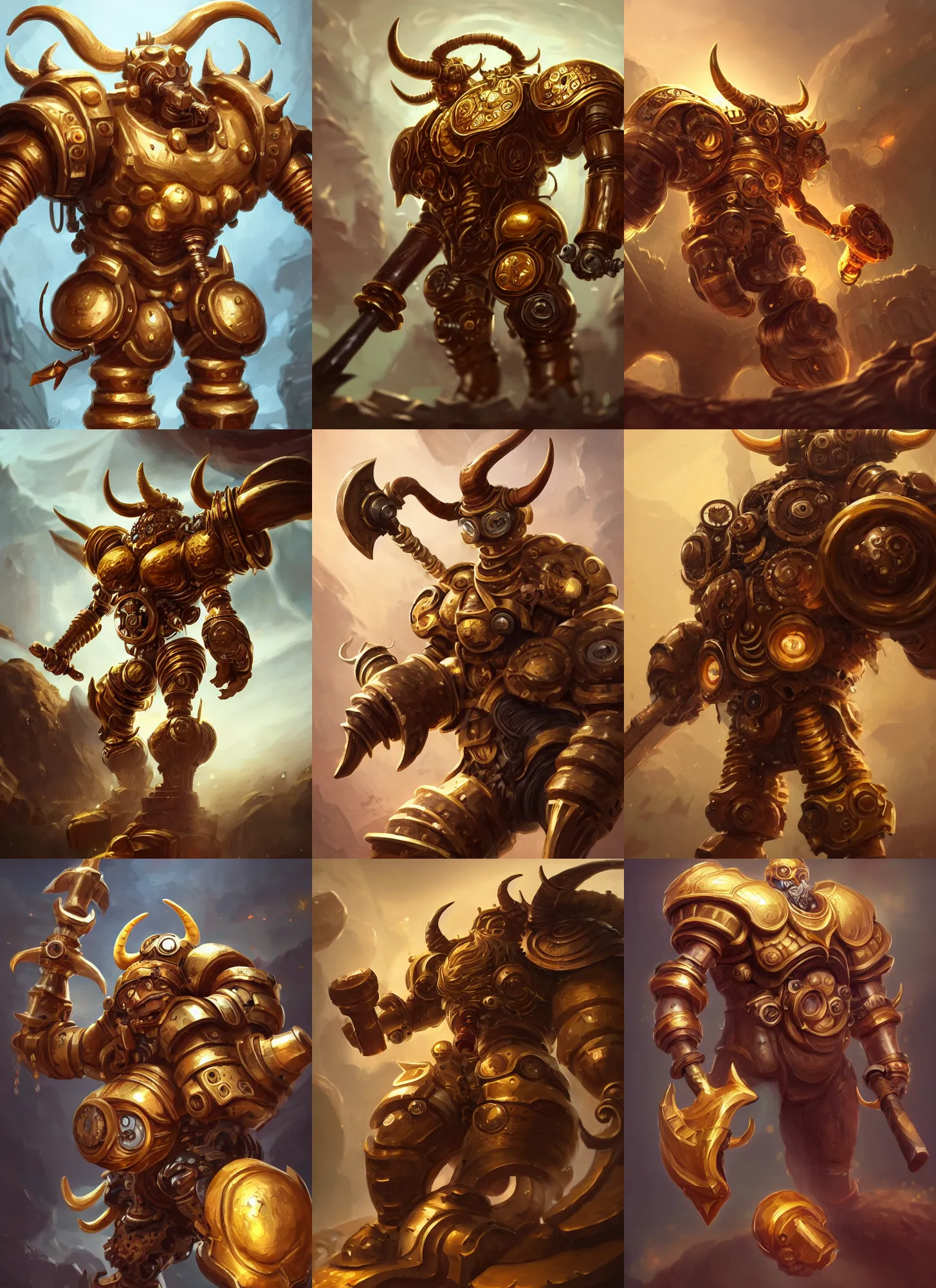 Prompt: a highly detailed illustration of gentle mighty colossal golden fighting horned mechanical steampunk titan with a hammer hand, with cute doting eyes, intricate, elegant, highly detailed, centered, digital painting, artstation, concept art, smooth, sharp focus, league of legends concept art, wlop.