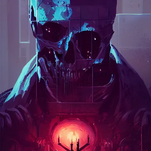 Image similar to a skull face monster minimalist, cyberpunk, behance hd by jesper ejsing, by rhads, makoto shinkai and lois van baarle, ilya kuvshinov, rossdraws global illumination ray tracing hdr radiating a glowing aura, fine texture, editorial illustration, dramatic lighting, dynamic composition, detailed, matte print, dynamic perspective, muted color