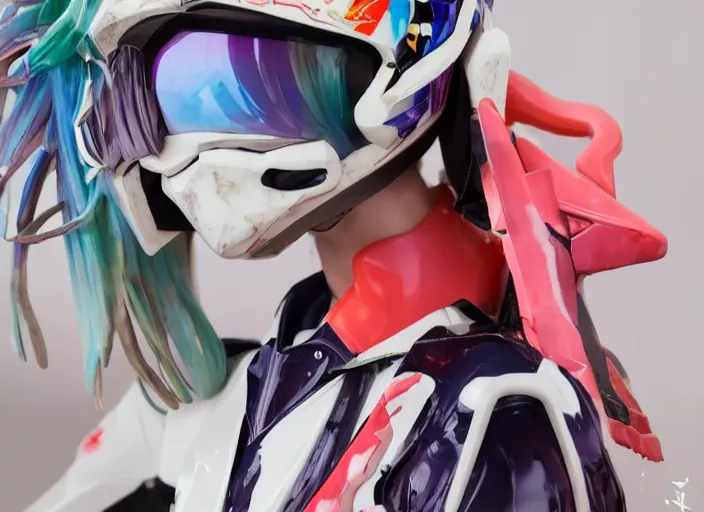 Image similar to extremely beautiful photo of a white marble statue of an anime girl with colorful motocross logos and motorcycle helmet with closed visor, colorful smoke in the background, carved marble statue, fine art, neon genesis evangelion, virgil abloh, offwhite, denoise, highly detailed, 8 k, hyperreal