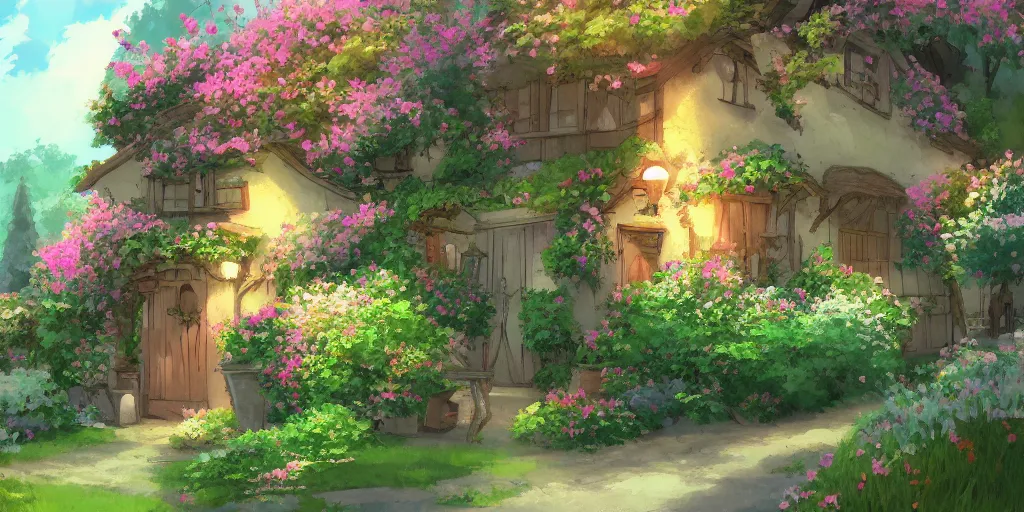 Image similar to Flowery cottage, evening, Studio Ghibli, Artstation