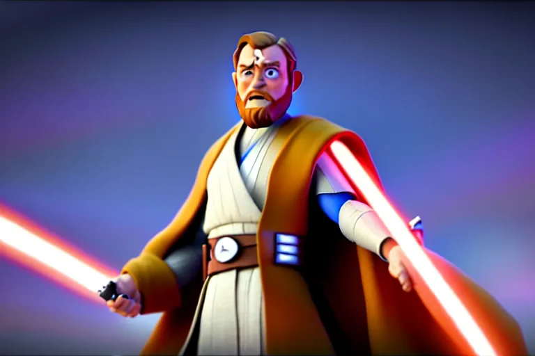 Image similar to obi wan kenobi, screenshot in a typical pixar movie, disney infinity 3 star wars style, volumetric lighting, subsurface scattering, photorealistic, octane render, josh black