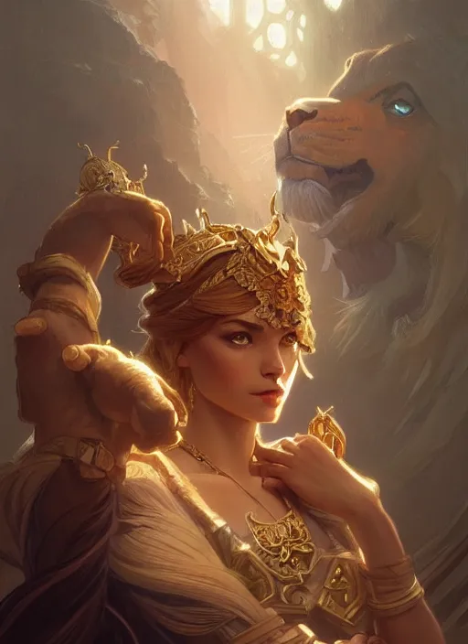 Image similar to simba, d & d, fantasy, intricate, elegant, highly detailed, digital painting, artstation, concept art, matte, sharp focus, illustration, hearthstone, art by artgerm and greg rutkowski and alphonse mucha