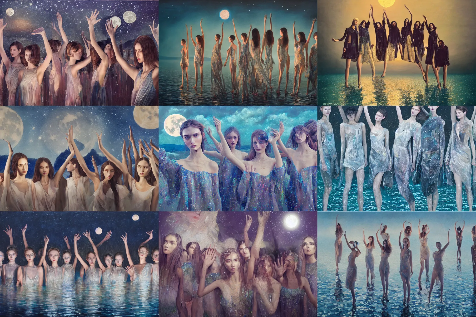 Prompt: 3 d, close - up, group of fashion models standing in a night lake with their hands raised to the bright moon, moon ryas, intricate oil painting, high detail, figurative art, multiple exposure, poster art, 3 d, by tooth wu and wlop and beeple