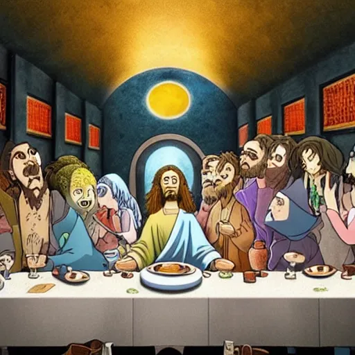 Prompt: The last supper by tim burton, studio ghibli, 4K, OLED, excellent detail, masterpiece