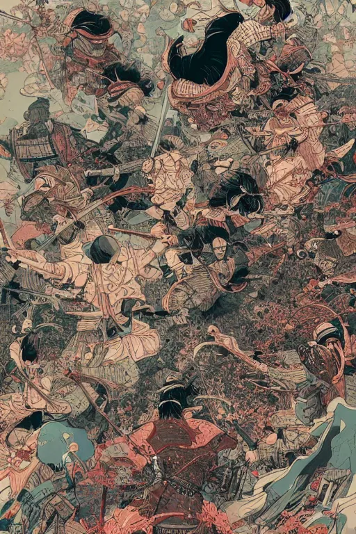 Image similar to hyper detailed illustration of a samurai battle by james jean, yoshitaka amano and victo ngai