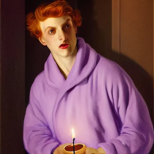 Image similar to daek gloomy shadows on the walls candle lighting, young beautiful man with reddish hair in lilac dressing gown holds a candle at night, creepy shadows crawling on the walls, highly detailed, digital art, Renaissance painting, by Leyendecker, by Rutkowsky,