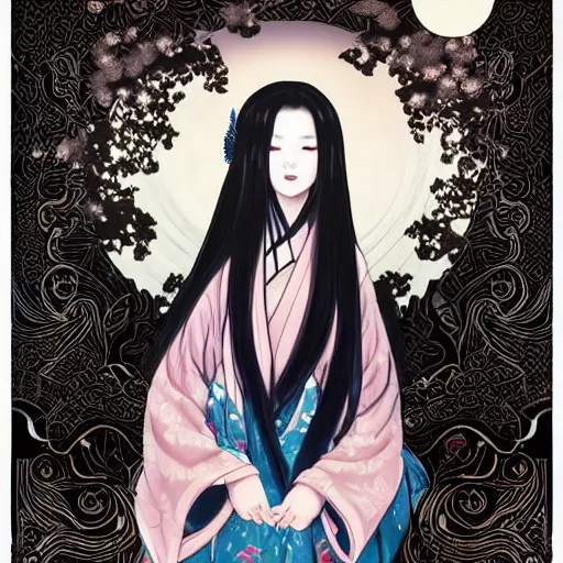 Image similar to portrait of the japanese moon princess kaguya hime with long flowing black hair wearing an ornate kimono with intricate floral patterns, touhou character illustration by ross tran, bo chen, toni infante, rebecca oborn, michael whelan, trending on artstation cgsociety hq