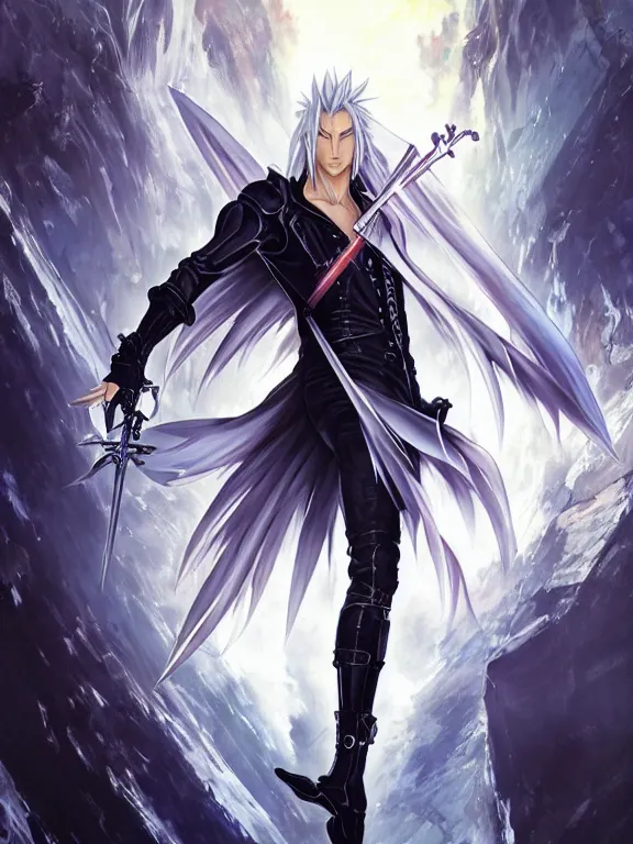 Image similar to anime key visual of sephiroth from final fantasy!! intricate, futuristic city, stunning, highly detailed, digital painting, artstation, smooth, hard focus, illustration, art by artgerm and greg rutkowski and alphonse mucha
