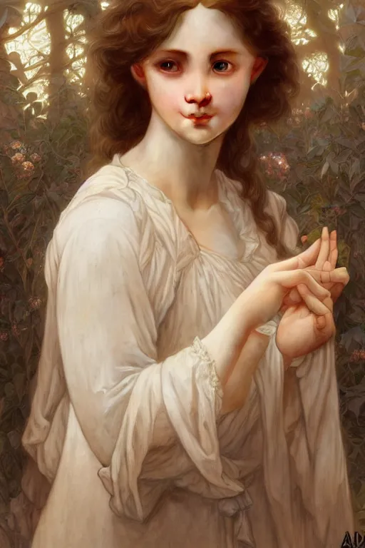 Image similar to Portrait of beautiful pale peasant girl, cinematic lighting, intricate, elegant, highly detailed, digital painting, artstation, smooth, sharp focus, illustration, art by artgerm and greg rutkowski and alphonse mucha and Wayne Barlowe and william-adolphe bouguereau