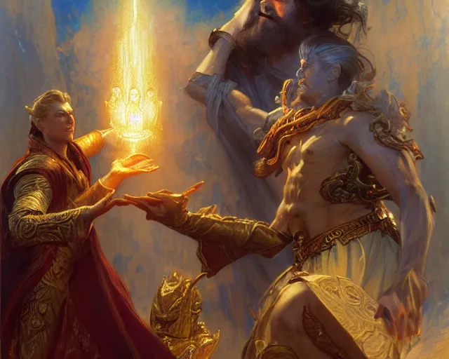 Prompt: attractive wizard man, casting light magic, summoning a handsome deity. highly detailed painting by gaston bussiere, craig mullins, j. c. leyendecker 8 k