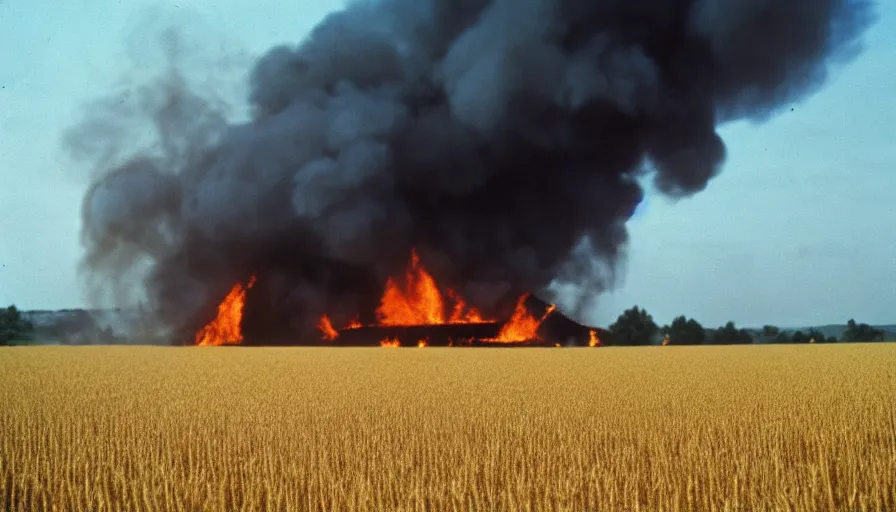 Image similar to 1 9 7 0 s movie still of a heavy burning french house in a wheat field, cinestill 8 0 0 t 3 5 mm, high quality, heavy grain, high detail, texture, dramatic light, ultra wide lens, panoramic anamorphic, hyperrealistic