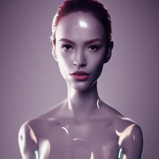 Image similar to Masterpiece full body portrait of a beautiful female cyborg with a beautiful face and flawless skin, parts of her body are made of transparent plastic, in a surreal dream landscape, eerie fog, cinematic lighting, 8k