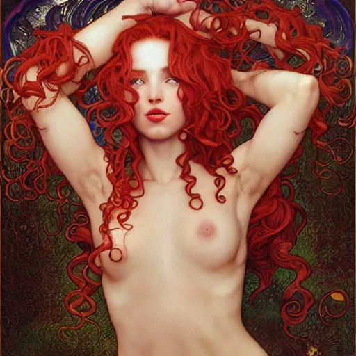 Image similar to Piranha Plantette Super Crown Girl with red curly hair drawn by Donato Giancola and Tom Bagshaw, face by Artgerm, overall design by Alphonse Mucha, background by James Jean and Gustav Klimt, light by Julie Bell, 4k, porcelain skin, komorebi, french nouveau, trending on artstation, octane render, hyperrealistic